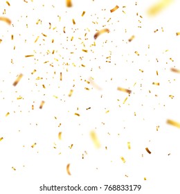 Christmas golden confetti. Falling shiny confetti glitters in gold color. New year, birthday, valentines day design element. Holiday background.