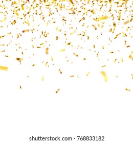 Christmas golden confetti. Falling shiny confetti glitters in gold color. New year, birthday, valentines day design element. Holiday background.