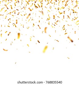 Christmas golden confetti. Falling shiny confetti glitters in gold color. New year, birthday, valentines day design element. Holiday background.