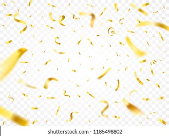 Christmas golden confetti. Gold party decoration flying and falling tiny yellow foil papers. Decor paper serpentine glitter defocus stripes for new year, birthday or anniversary vector illustration