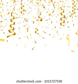Christmas golden confetti with ribbon. Falling shiny confetti glitters in gold color. New year, birthday, valentine's day design element. Holiday background.