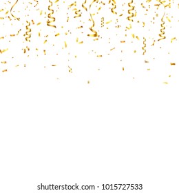 Christmas golden confetti with ribbon. Falling shiny confetti glitters in gold color. New year, birthday, valentine's day design element. Holiday background.