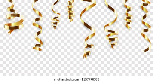 Christmas golden confetti with ribbon. Falling shiny confetti glitters in gold color. New year, birthday, valentines day design element. Holiday background.