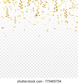 Christmas golden confetti with ribbon. Falling shiny confetti glitters in gold color. New year, birthday, valentines day design element. Holiday background.