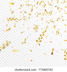 Christmas golden confetti with ribbon. Falling shiny confetti glitters in gold color. New year, birthday, valentines day design element. Holiday background.