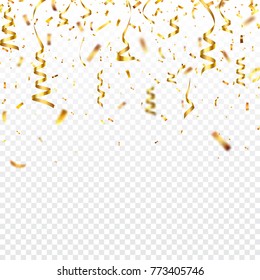 Christmas golden confetti with ribbon. Falling shiny confetti glitters in gold color. New year, birthday, valentines day design element. Holiday background.