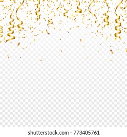 Confete dourado de Natal com fita. Caindo brilhante confete brilha na cor dourada. Ano novo, aniversário, elemento de design do dia dos namorados. Fundo de férias.