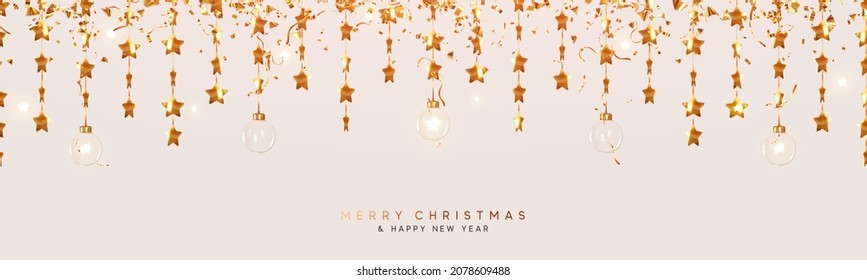 Christmas golden decoration. Gold stars, glitters confetti, hanging glass bauble balls. Vector illustration