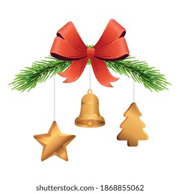 christmas golden decoration hanging in pine leafs and bow vector illustration design