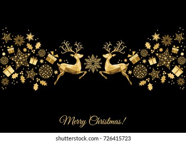 Christmas golden  decoration. Happy New Year black  background. Gold Xmas jumping  reindeer, holly, gifts and  snowflakes. Vector template  for greeting  card.