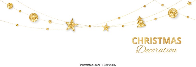 Christmas golden decoration isolated on white background. Hanging glitter balls, trees, stars. Holiday vector frame for party posters, banners. Winter season sparkling ornaments. Seamless strings.