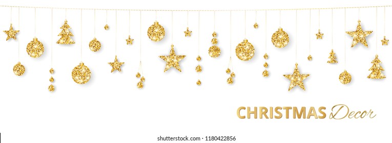 Christmas golden decoration isolated on white background. Hanging glitter balls, trees, stars. Holiday vector frame for party posters, headers, banners. Winter season sparkling ornaments on a string.