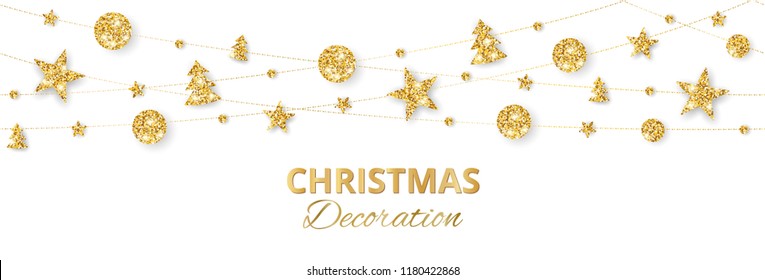 Christmas golden decoration isolated on white background. Hanging glitter balls, trees, stars. Holiday vector frame for party posters, banners. Winter season sparkling ornaments. Seamless strings.