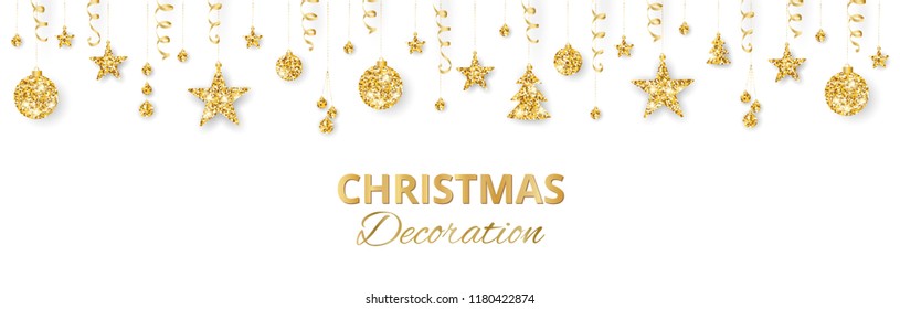 Christmas golden decoration isolated on white background. Hanging glitter balls, trees, stars. Holiday vector frame for party posters, headers, banners. Winter season sparkling ornaments on a string.