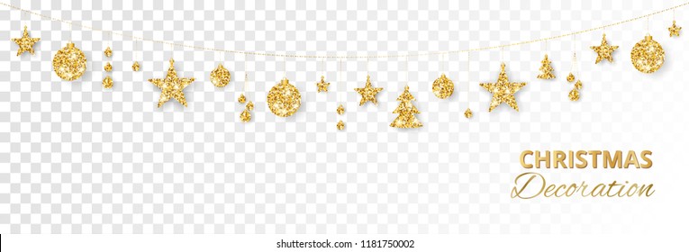 Christmas golden decoration isolated on white background. Hanging glitter balls, trees, stars. Holiday vector frame for party posters, headers, banners. Winter season sparkling ornaments on a string.