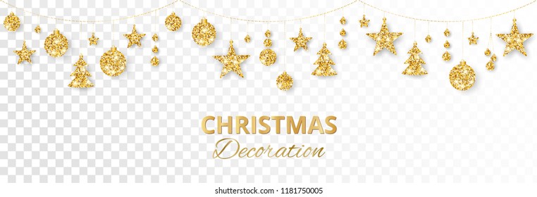 Christmas golden decoration isolated on white background. Hanging glitter balls, trees, stars. Holiday vector frame for party posters, headers, banners. Winter season sparkling ornaments on a string.