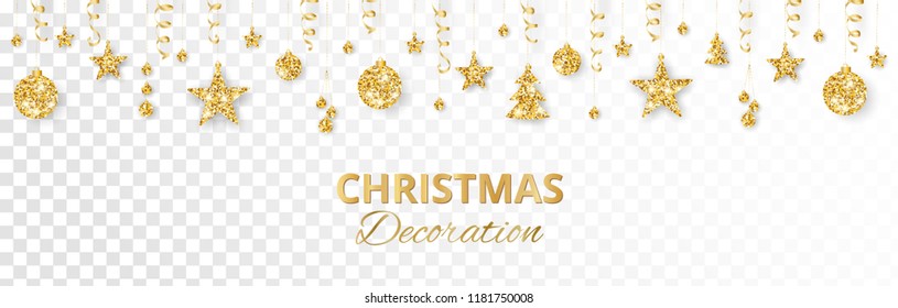 Christmas golden decoration isolated on white background. Hanging glitter balls, trees, stars. Holiday vector frame for party posters, headers, banners. Winter season sparkling ornaments on a string.