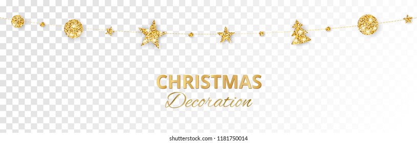 Christmas golden decoration isolated on white background. Hanging glitter balls, trees, stars. Holiday vector frame for party posters, headers, banners. Winter season sparkling ornaments on a string.