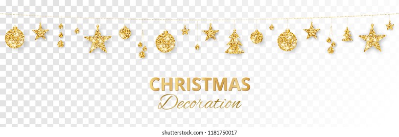 Christmas golden decoration isolated on white background. Hanging glitter balls, trees, stars. Holiday vector frame for party posters, headers, banners. Winter season sparkling ornaments on a string.