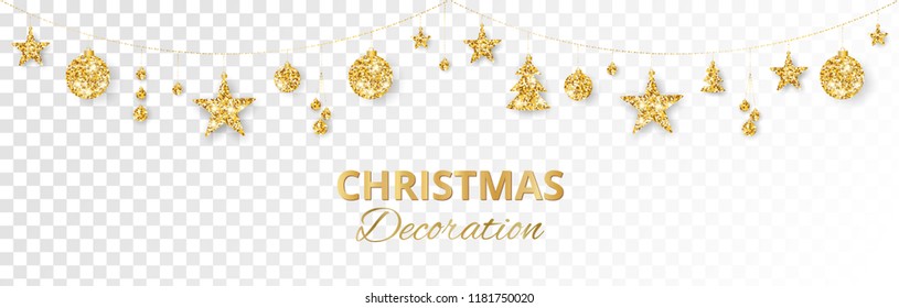 Christmas golden decoration isolated on white background. Hanging glitter balls, trees, stars. Holiday vector frame for party posters, headers, banners. Winter season sparkling ornaments on a string.