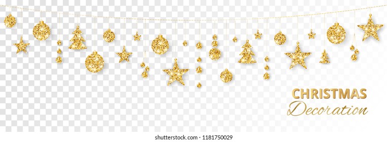 Christmas golden decoration isolated on white background. Hanging glitter balls, trees, stars. Holiday vector frame for party posters, headers, banners. Winter season sparkling ornaments on a string.