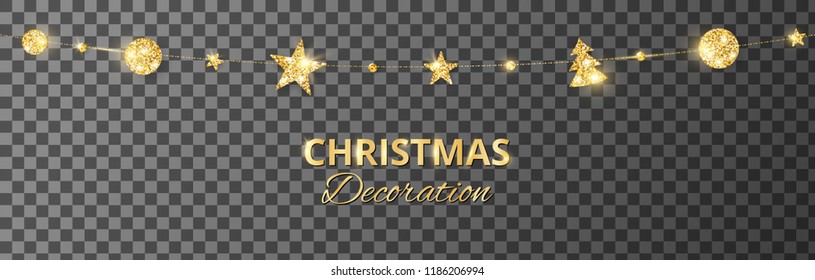 Christmas golden decoration isolated on transparent. Hanging glitter balls, trees, stars. Holiday vector frame for party posters, headers, banners. Winter season sparkling ornaments on a string.