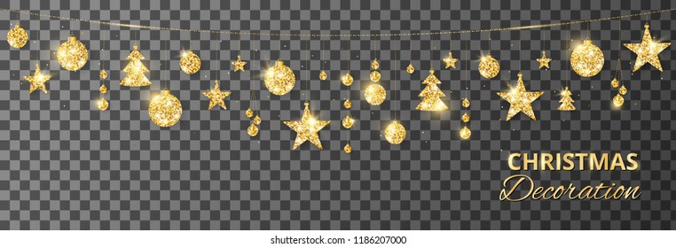 Christmas golden decoration isolated on transparent. Hanging glitter balls, trees, stars. Holiday vector frame for party posters, headers, banners. Winter season sparkling ornaments on a string.