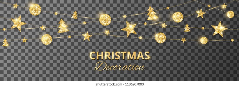 Christmas golden decoration isolated on transparent. Hanging glitter balls, trees, stars. Holiday vector frame for party posters, headers, banners. Winter season sparkling ornaments. Seamless strings.