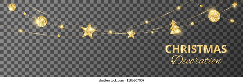 Christmas golden decoration isolated on transparent. Hanging glitter balls, trees, stars. Holiday vector frame for party posters, headers, banners. Winter season sparkling ornaments. Seamless strings.