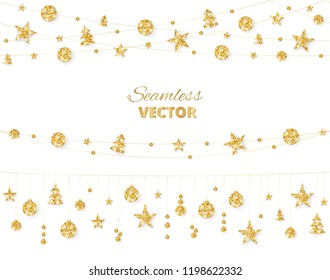 Christmas golden decoration isolated on white background. Hanging glitter balls, trees, stars. Holiday vector frame for party posters, headers, banners. Winter season sparkling ornaments on a string.