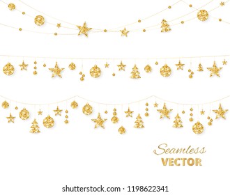 Christmas golden decoration isolated on white background. Hanging glitter balls, trees, stars. Holiday vector frame for party posters, headers, banners. Winter season sparkling ornaments on a string.