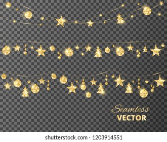 Christmas golden decoration isolated on transparent background. Hanging glitter balls, trees, stars. Holiday vector frame for party posters, banners. Winter season sparkling ornaments on a string.