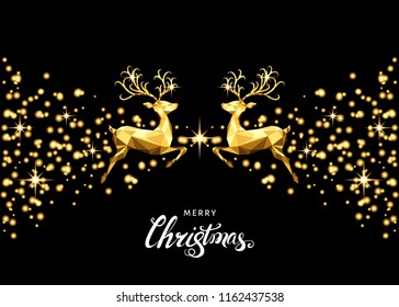Christmas golden  decoration with jumping  reindeer, flare and glowing stars. Happy New Year black  background with gold  light effect. Vector template  for Xmas greeting  card.