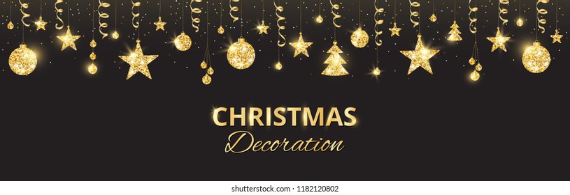 Christmas golden decoration on black background. Hanging glitter balls, trees, stars. Holiday vector frame for party posters, headers, banners. Winter season sparkling ornaments on a string.