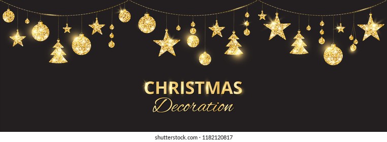 Christmas golden decoration on black background. Hanging glitter balls, trees, stars. Holiday vector frame for party posters, headers, banners. Winter season sparkling ornaments on a string.