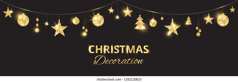 Christmas golden decoration on black background. Hanging glitter balls, trees, stars. Holiday vector frame for party posters, headers, banners. Winter season sparkling ornaments on a string.