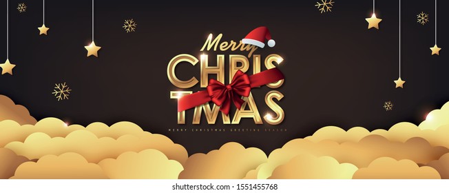 Christmas golden decoration on dark background.Merry Christmas text Calligraphic Lettering Vector illustration. 