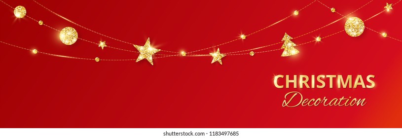 Christmas Golden Decoration On Red Background. Hanging Glitter Balls, Trees, Stars. Holiday Vector Frame For Party Posters, Headers, Banners. Winter Season Sparkling Ornaments. Seamless Strings.