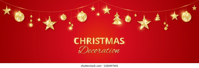 Christmas golden decoration on red background. Hanging glitter balls, trees, stars. Holiday vector frame for party posters, headers, banners. Winter season sparkling ornaments on a string.