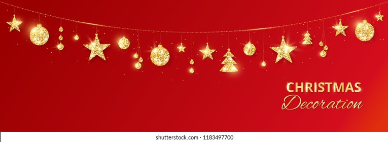 Christmas golden decoration on red background. Hanging glitter balls, trees, stars. Holiday vector frame for party posters, headers, banners. Winter season sparkling ornaments on a string.