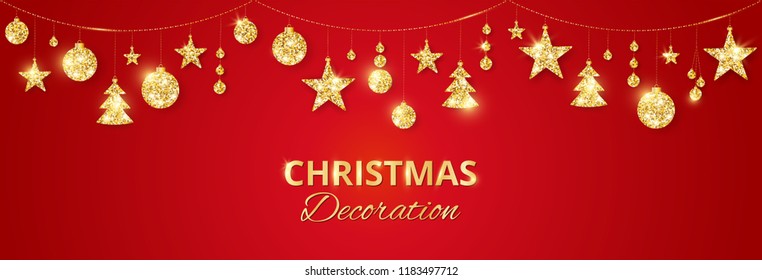 Christmas golden decoration on red background. Hanging glitter balls, trees, stars. Holiday vector frame for party posters, headers, banners. Winter season sparkling ornaments on a string.