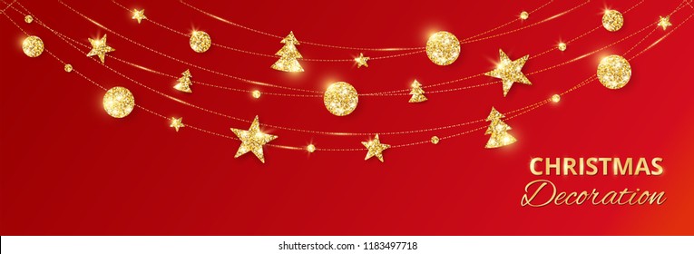 Christmas golden decoration on red background. Hanging glitter balls, trees, stars. Holiday vector frame for party posters, headers, banners. Winter season sparkling ornaments on a string.