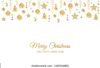 Christmas golden decoration on white background. Merry Christmas and Happy New Year card. Hanging glitter balls, trees, stars. Winter season sparkling ornaments on a string. For party posters, banners