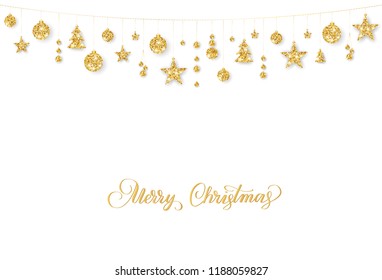 Christmas golden decoration on white background. Merry Christmas and Happy New Year card. Hanging glitter balls, trees, stars. Winter season sparkling ornaments on a string. For party posters, banners