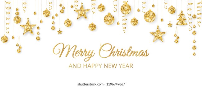 Christmas golden decoration on white background. Merry Christmas and Happy New Year text. Hanging glitter balls, trees, stars. Winter season sparkling ornaments on a string. For party posters, banners