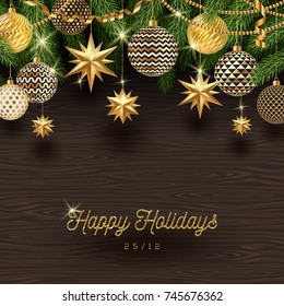 Christmas golden decoration on a wooden background. Vector illustration.