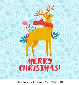 Christmas golden deer Christmas card, template vector illustration.