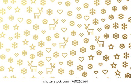 Christmas golden deer and snowflake vector seamless pattern background for winter holiday greeting card. Vector golden reindeer, heart and gold glitter star snowfall for New Year white snow background