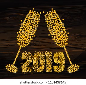 Christmas - golden figures in the form of glasses of champagne from confetti. 2019. Happy new year, winter. Vector. Greeting card for a holiday or invitation on a dark wooden background.