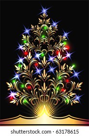 Christmas golden fur-tree with colorful lights